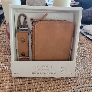 Magnolia Hearth & Hand Tan Leather Coin Wallet and Keychain Set